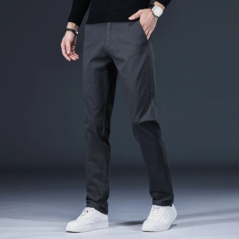 New Pure 97% Cotton Casual Pants for Men Black Khaki Gray Blue Business Slim Straight Elastic Fashion Casual Long Pants Male