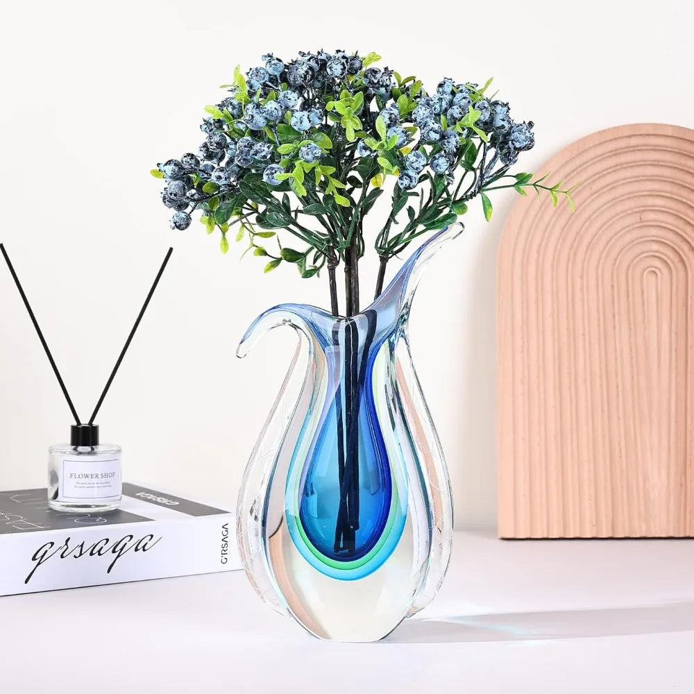 Artisan Hand Blown Glass Vase, Murano-Inspired Ellipse Design, Blue Art Glass for Single Stem Flowers, Elegant Table Centerpiece