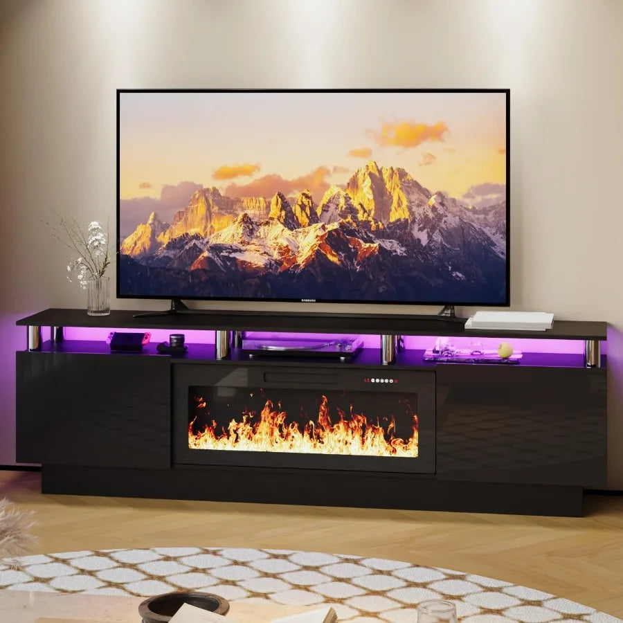 80 Inches Fireplace TV Stand for TVs up to 90 Inches with 36'' Electric Fireplace Remote Modern Entertainment Center in Black w