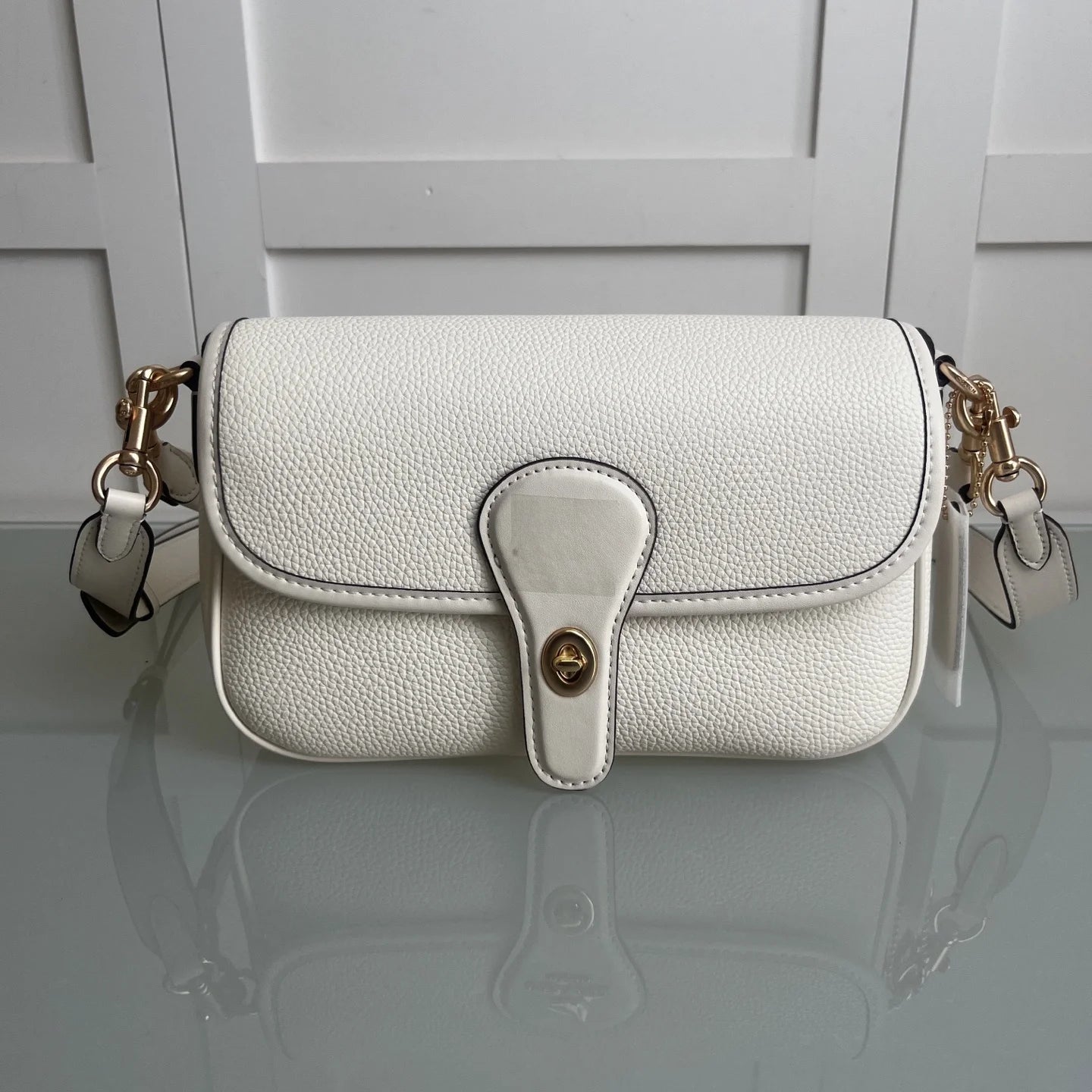 New White Grained Leather Crossbody Bag | Gold Buckle Shoulder Bag | Retro Fashion Handbag for Daily/Date