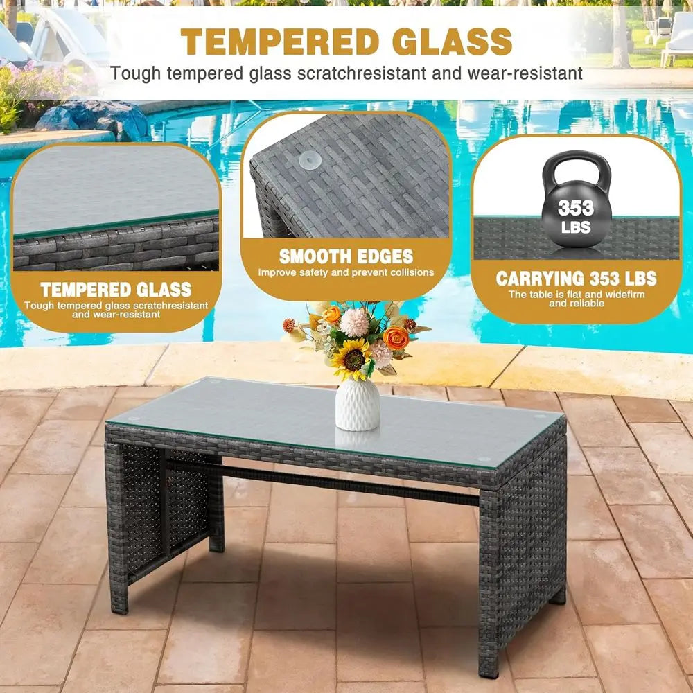Gray Rattan Outdoor Patio Furniture Set: 4-Piece Wicker Conversation Chairs with Cushions for Garden, Poolside, or Indoor Use