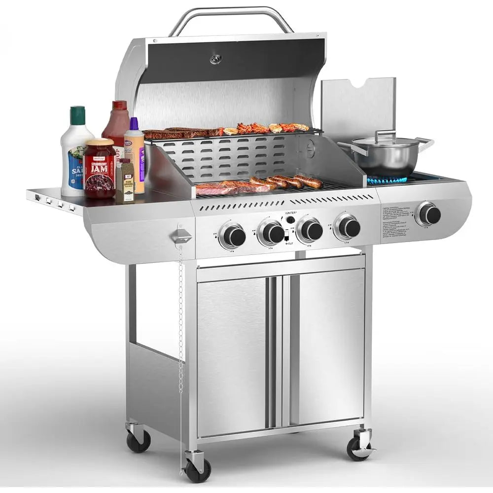 Pro BBQ Grill, Heavy-Duty Stainless Steel Gas Grill, 4 Burner Gas Grill with Side Burner, 42000 BTU Propane Grill for Outdoor Co