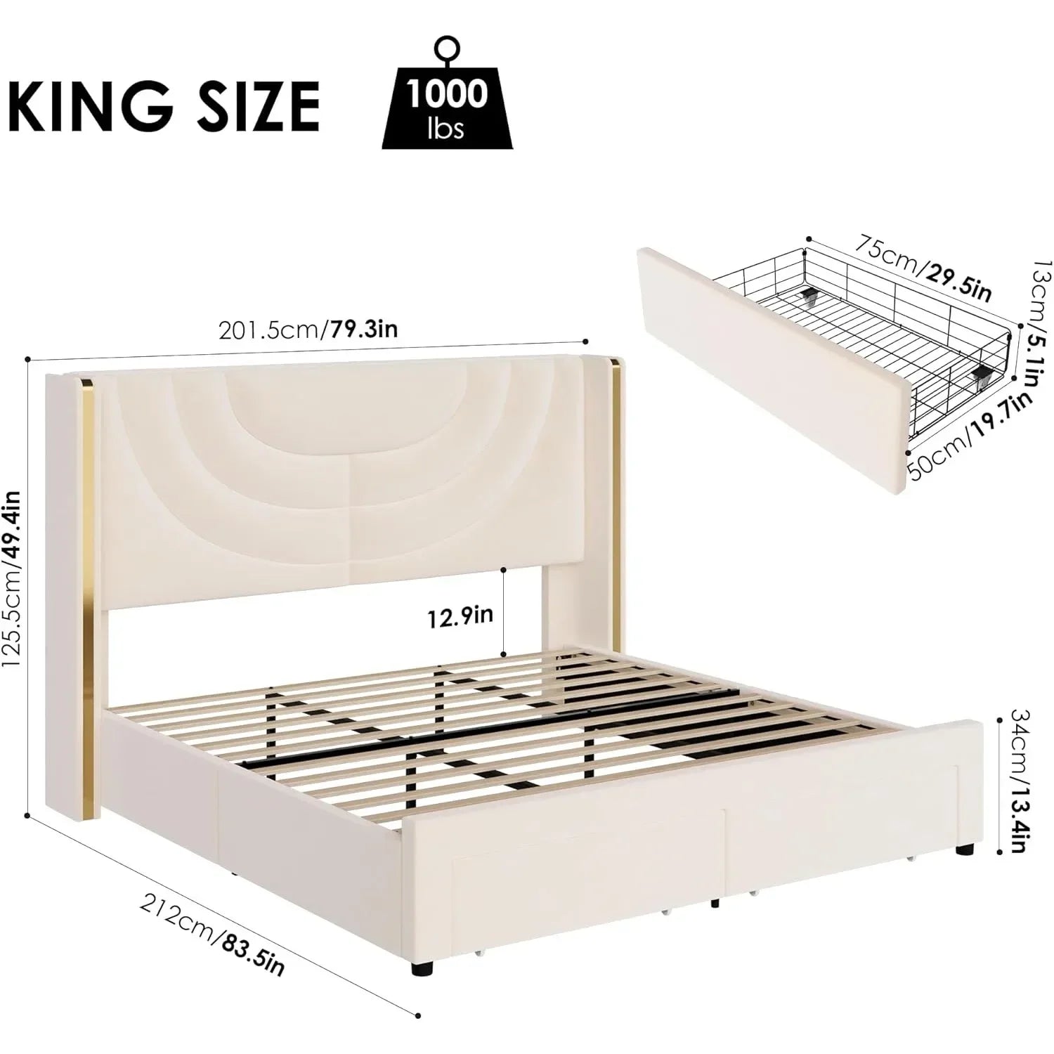 King size bed with 2 storage drawers, cushioned LED bed frame, wing back headboard, headboard splicing design, beige color