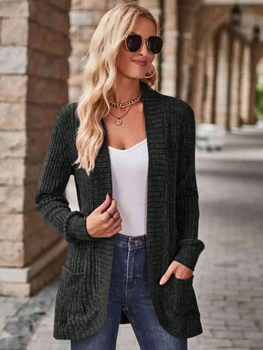 Women's Chunky Knit Long Sleeve Solid Color Double Pocket Regular Fit Casual Outerwear Fall Winter Cloth For Women