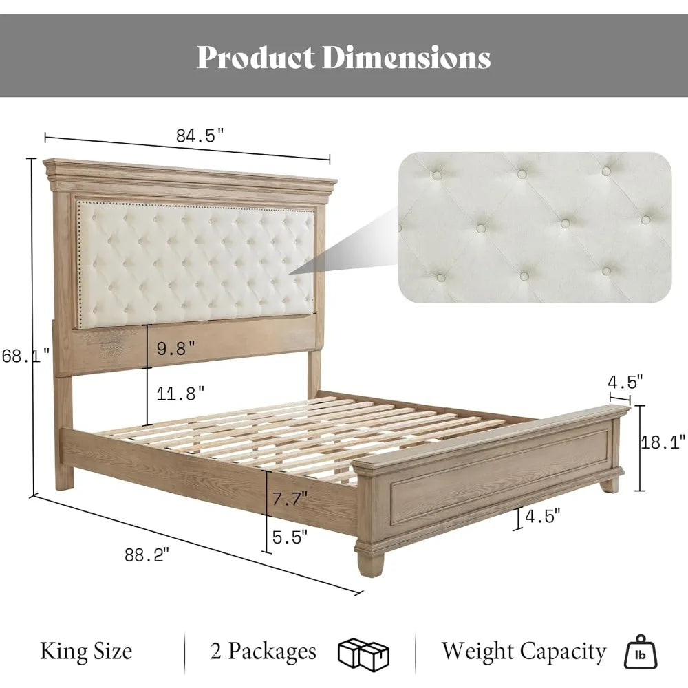 King Size Solid Wood Farmhouse Bed Frame with Upholstered Headboard, Architectural Style, No Box Spring Needed