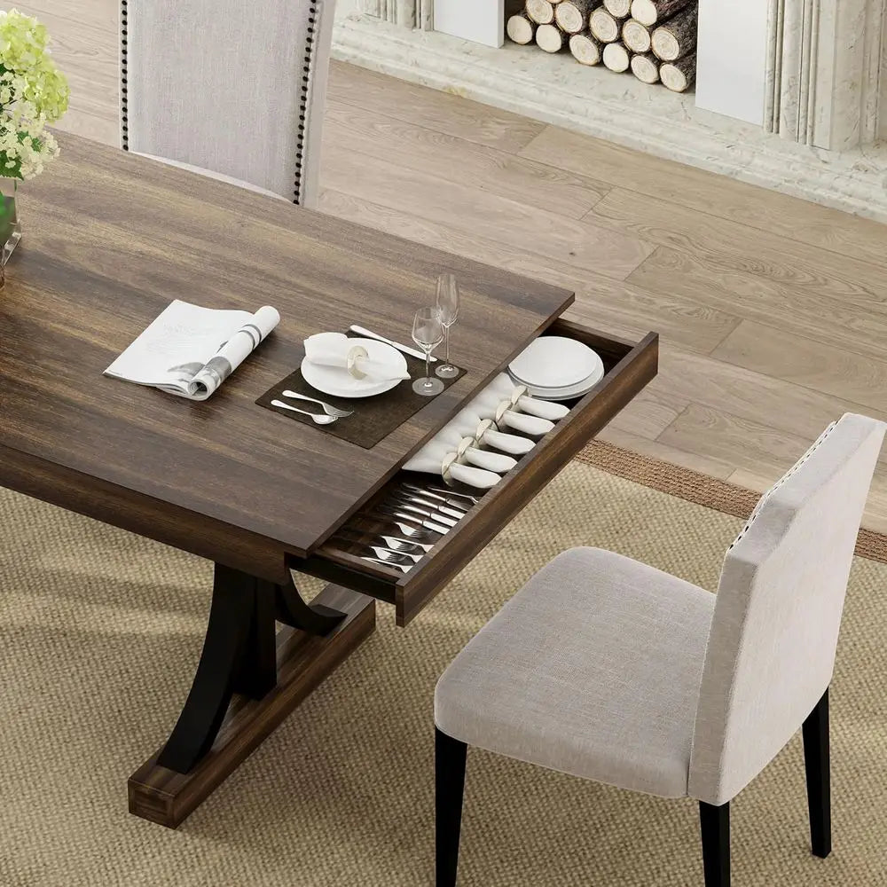 Large Rectangular Wooden Dining Table for 6-8, Sturdy Frame, Double Pedestal Base, Kitchen Dinner Table with Two Drawers