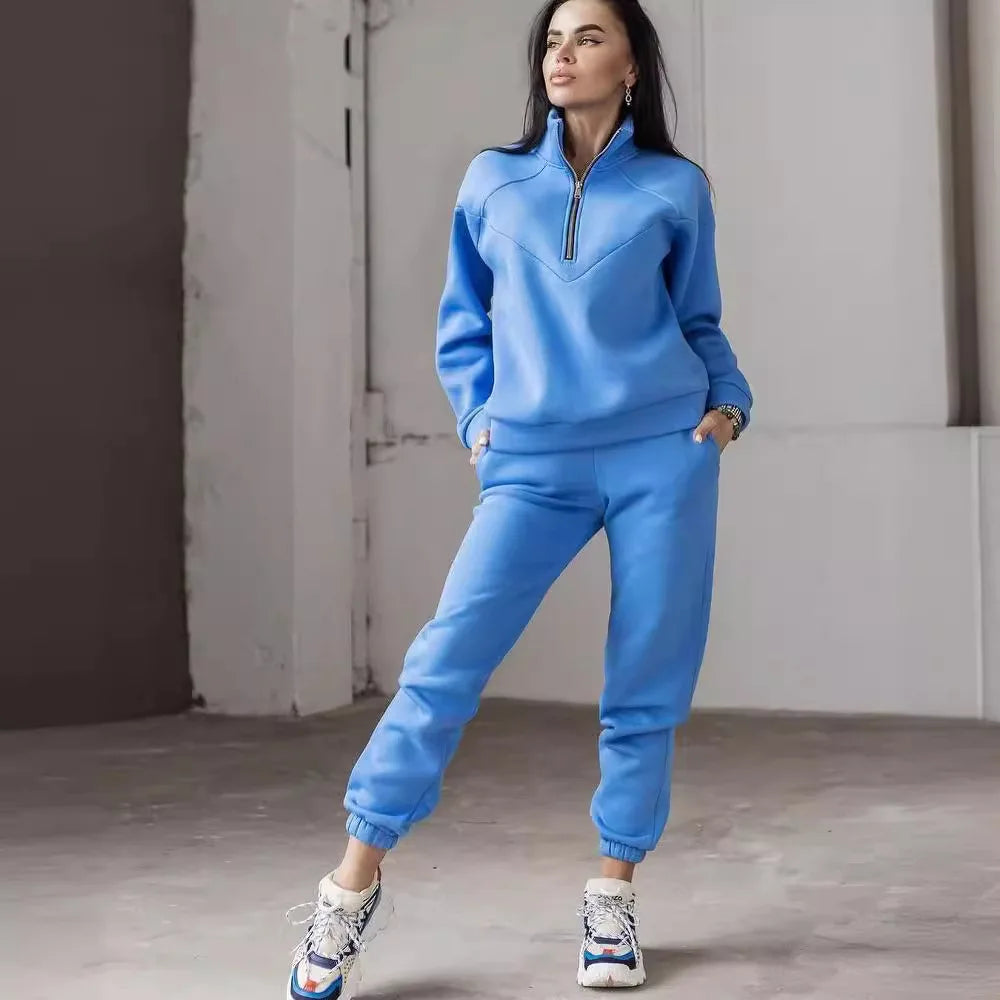 Sports Suit Zippered Solid Color Long-sleeved Winter Pullover Sweatshirt Set With Leggings Trousers Sets Womens Two Piece Outfit