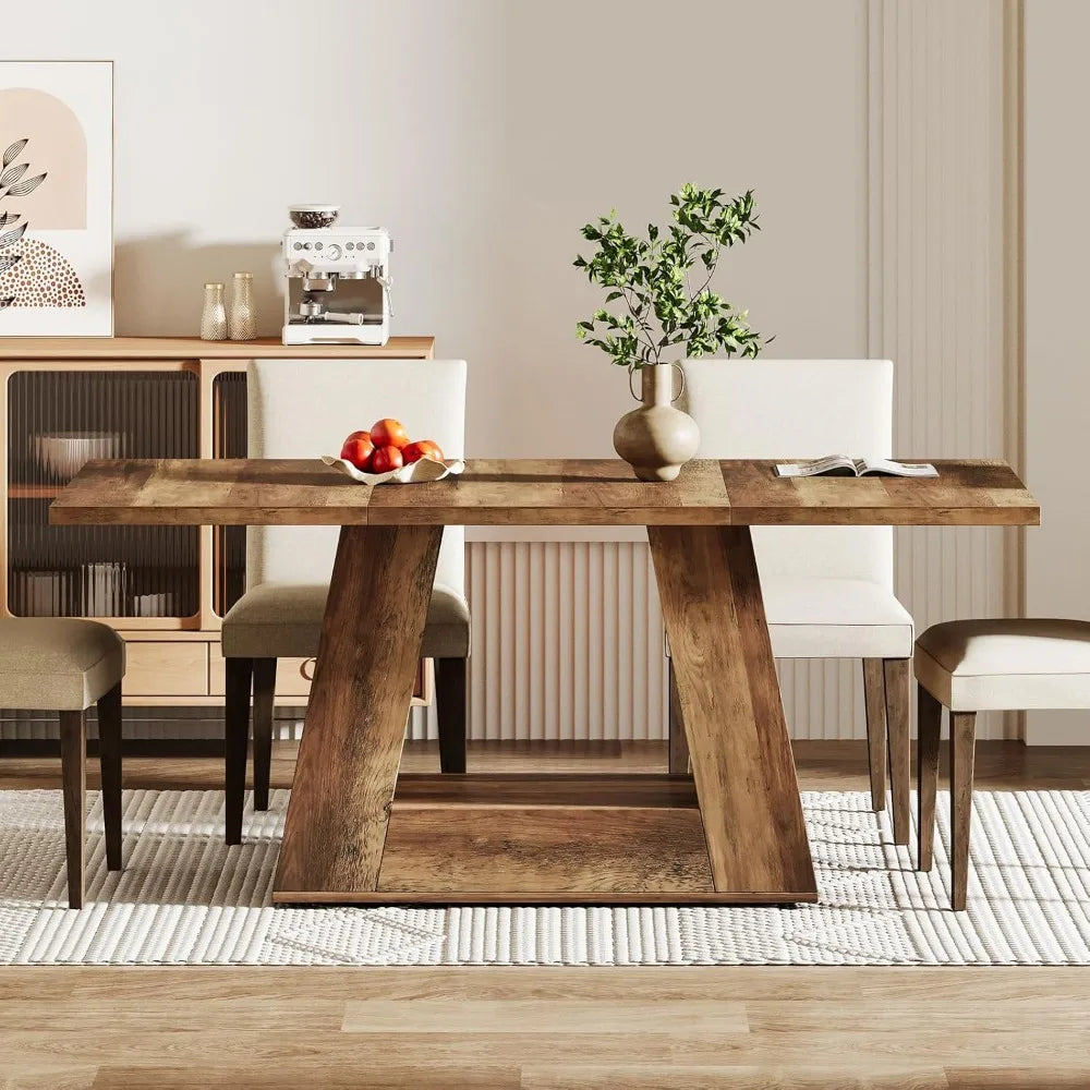 Modern Wooden Faux Marble Rectangular Dining Table for 4-6, Sturdy Base, 63" Length