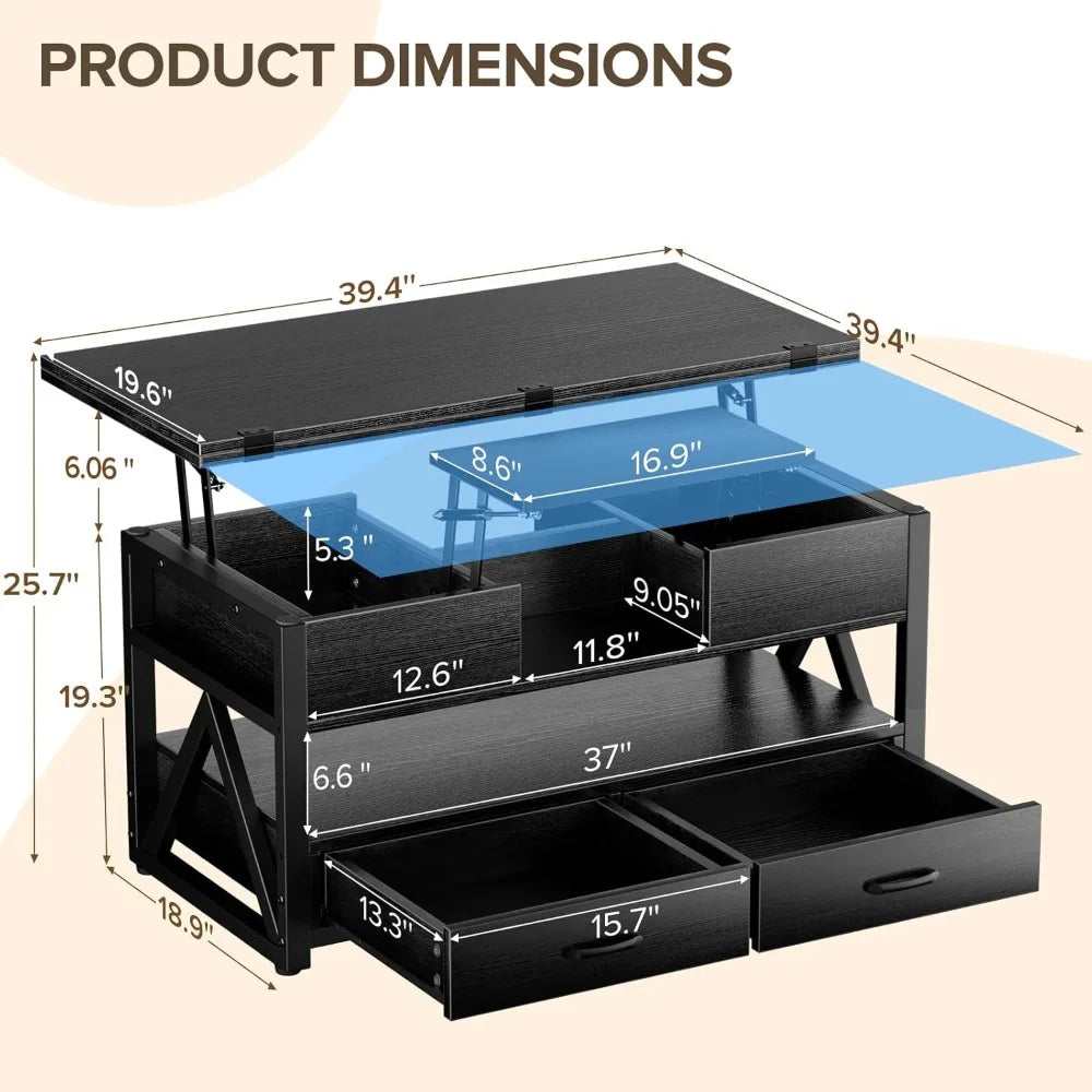 Customized.40" Lift Top Coffee Table,4 in 1 Multi-Function Lift Coffee Tables with Storage Drawers and Hidden Compartmen,Farmhou