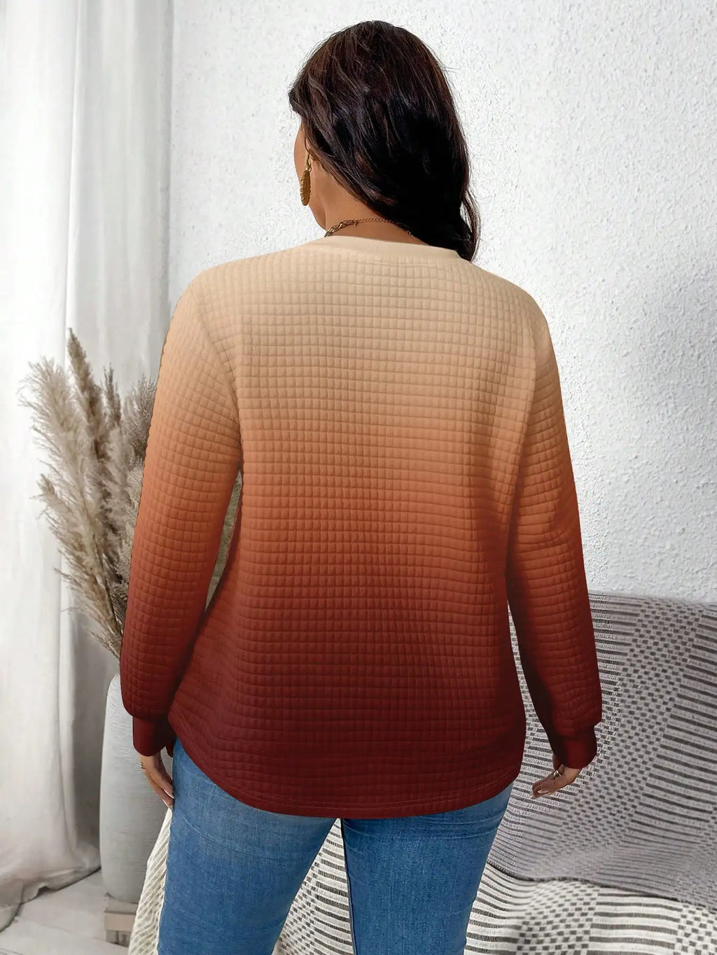 Ombre Waffle Knit Sweatshirt for Women, Plus Size Casual Long Sleeve Top, Autumn Winter Fashion