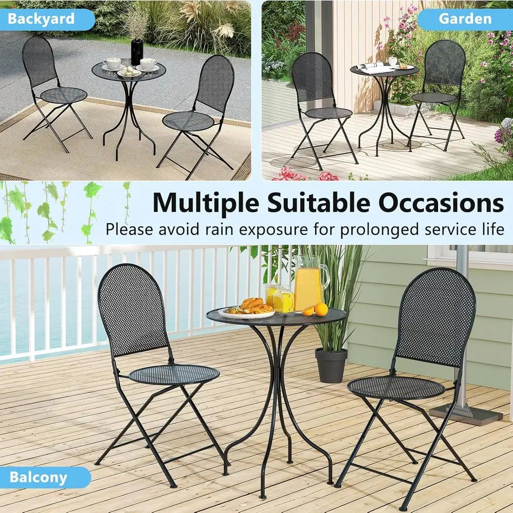 2-Seat Metal Patio Bistro Set with Round Table and Folding Chairs for Outdoor Garden and Porch