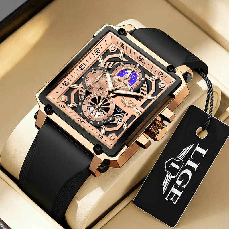 LIGE Men's Watches Silicone Strap Military Chronograph Waterproof Square Man Watch Top Brand Luxury Analog Quartz Wristwatch+Box
