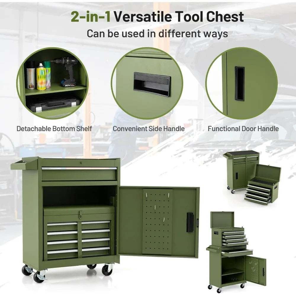 Tool Chest, 5 Drawers Rolling Tool Cabinet with Detachable Top Toolbox, Universal Lockable Wheels, Lock Bar, Protective Liner &