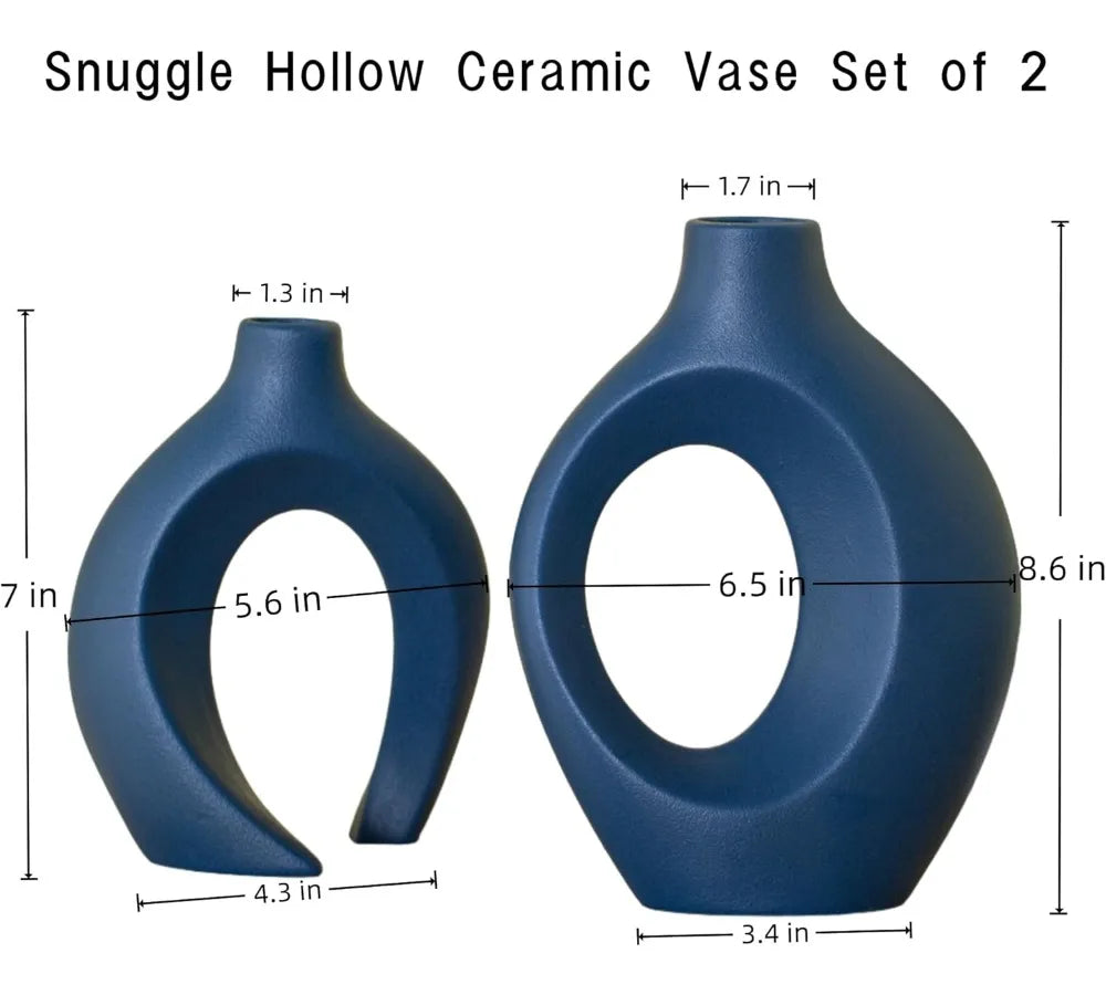 Modern Nordic Ceramic Vase Set of 2, 8.4 Inch Coastal Hollow Design for Pampas Grass Home Decor (Matte Navy Blue)