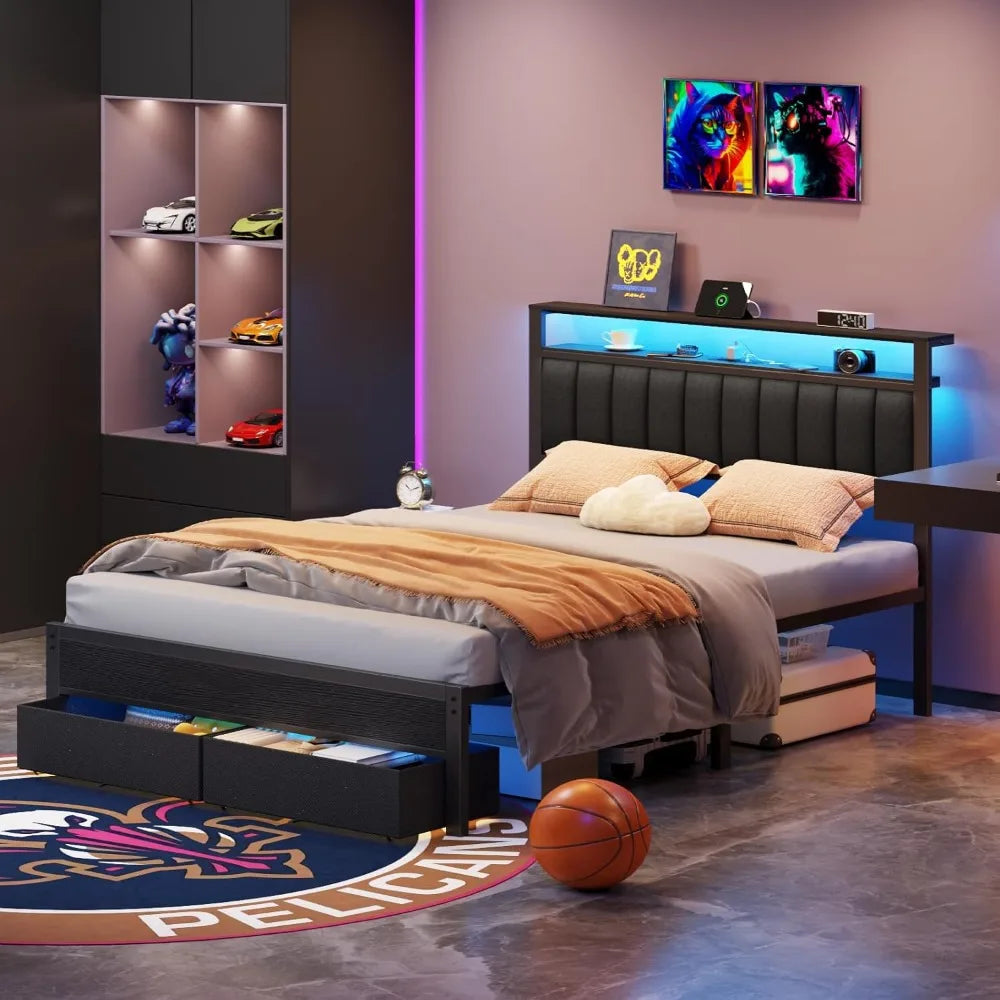 Furnulem Queen Bed Frame with Charging Station and LED Lights, Grey Upholstered Headboard with Shelves, Metal Platform Bed with