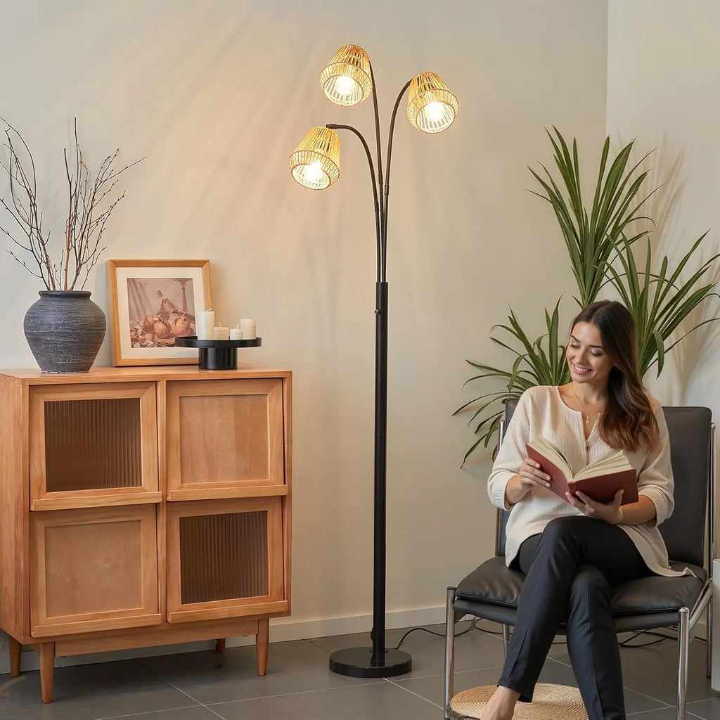 72' Boho Floor Lamp with Rotary Switch, Wicker Shade for Living Room, Coastal Rustic Standing Lamp