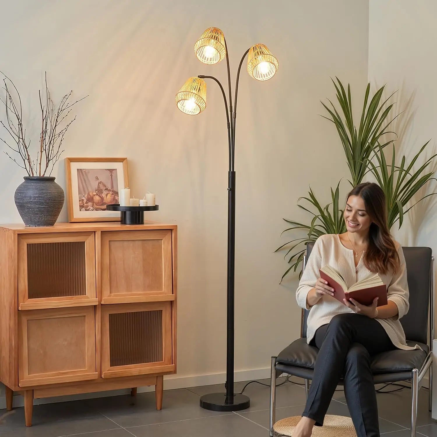 72' Boho Floor Lamp with Rotary Switch, Wicker Shade for Living Room, Coastal Rustic Standing Lamp