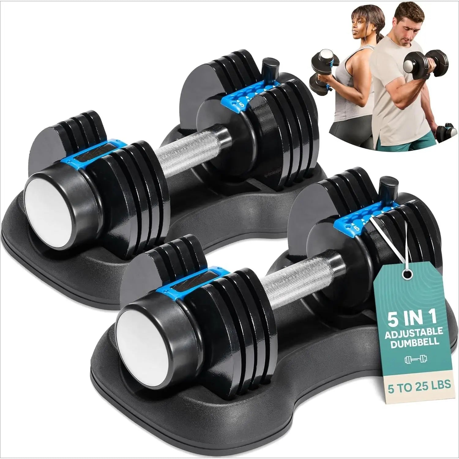 W_Adjustable Dumbbells Set - 5in1- 25lb weights Set & Single with Rack - Quick Adjust, Secure Grip - Compact Hand Weights