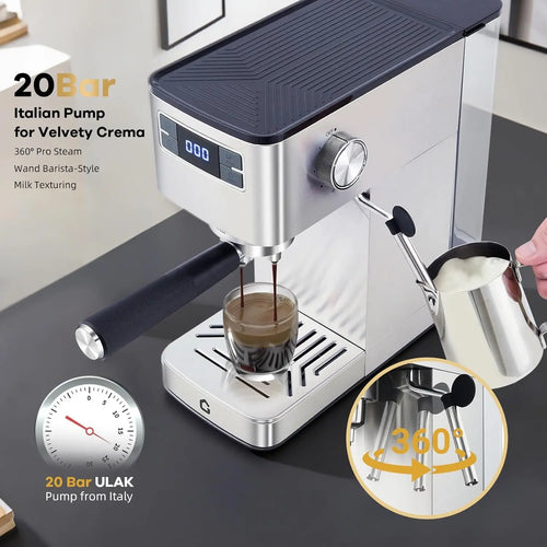 20-Bar Espresso Machine With Steam Milk Frother Stainless Steel 34oz Removable Tank Compact Silver Home Barista Maker