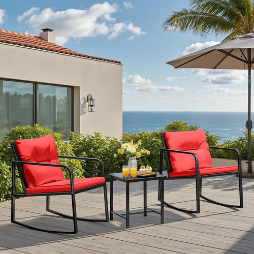3-Piece Rocking Wicker Bistro Set with Chairs & Glass Table, Red Outdoor Patio Furniture