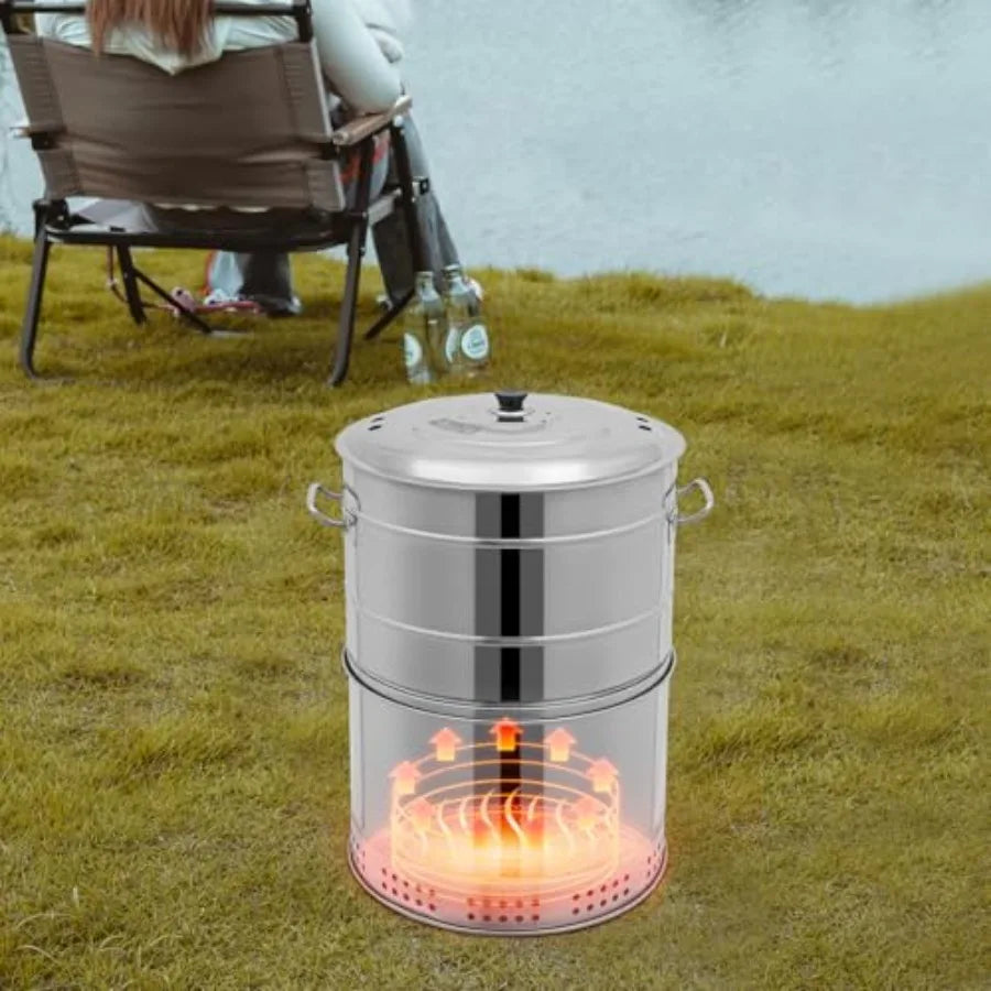 Large Portable Charcoal Barrel Grill for Outdoor Cooking: Stainless Steel 360 Smokeless Design with Multiple Clips Ideal for Ca