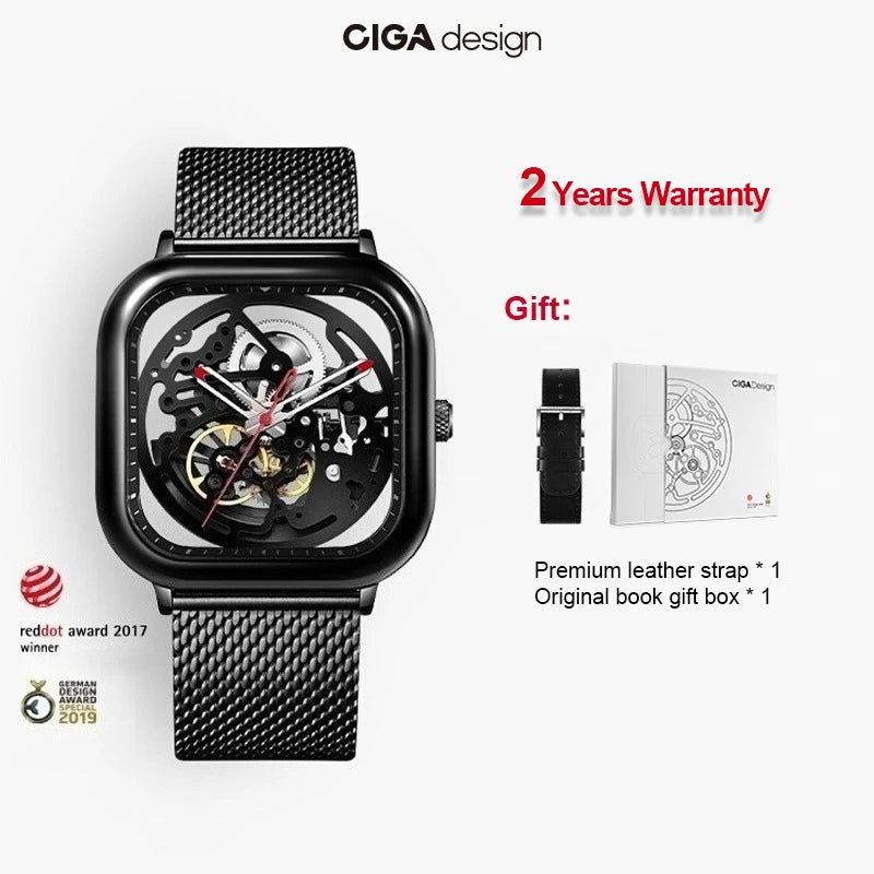 CIGA Design Mechanical Skeleton Watch for Men Women 316L Stainless Steel Square Case Automatic Movement Wrist Watches Timepiece