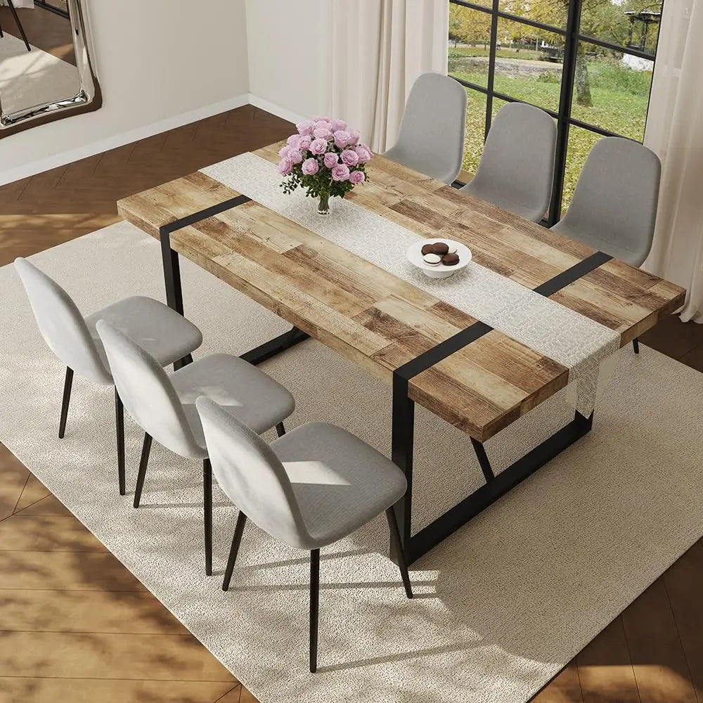 Wood Dining Table Set for 6, 71" Large Rectangular Kitchen & Dining Room Table with 6 Suede Upholstered Chairs,, Customized