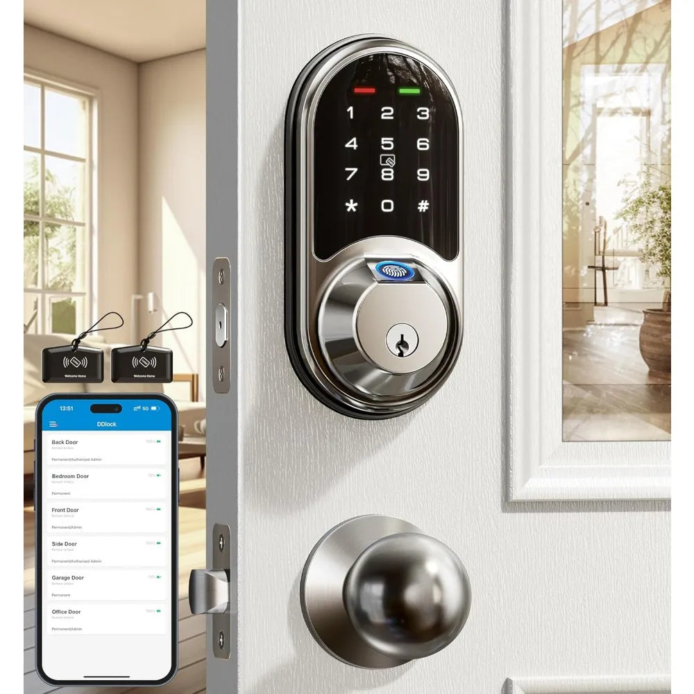 Veise RZ07C and VE06-L Smart Door Locks for Front Door with Handle, Satin Nickel