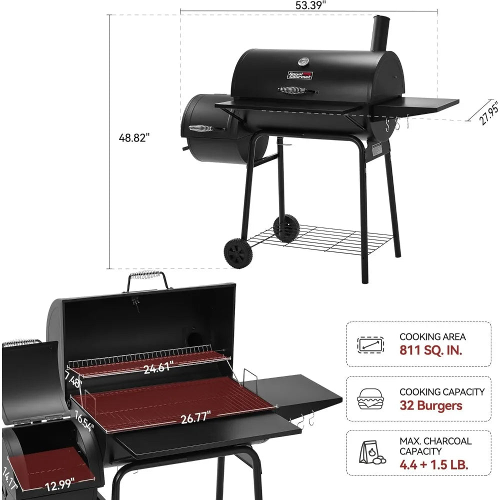 Royal Gourmet CC1830SC Charcoal Grill and Offset Smoker, 811 Sq. In. Cooking Area, Black, Outdoor and Camping Use
