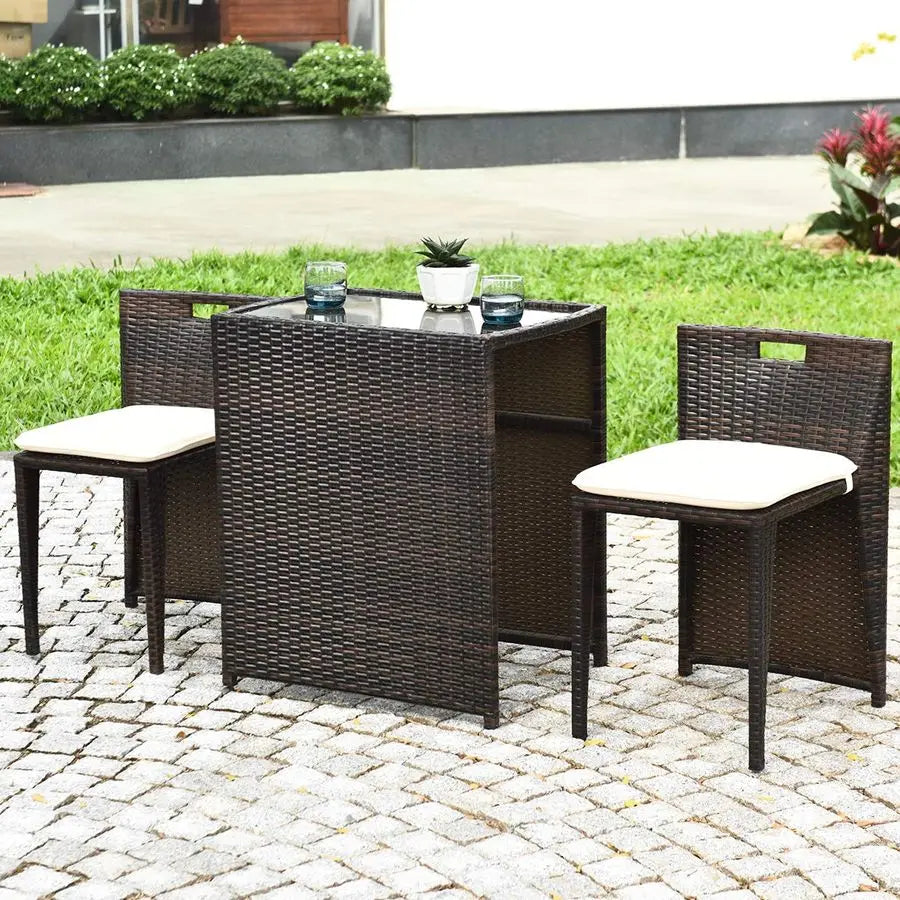3 Piece Outdoor Rattan Dining Set, No Assembly Patio Bistro Set with Tempered Glass Table, Space Saving Patio Wicker Cushioned