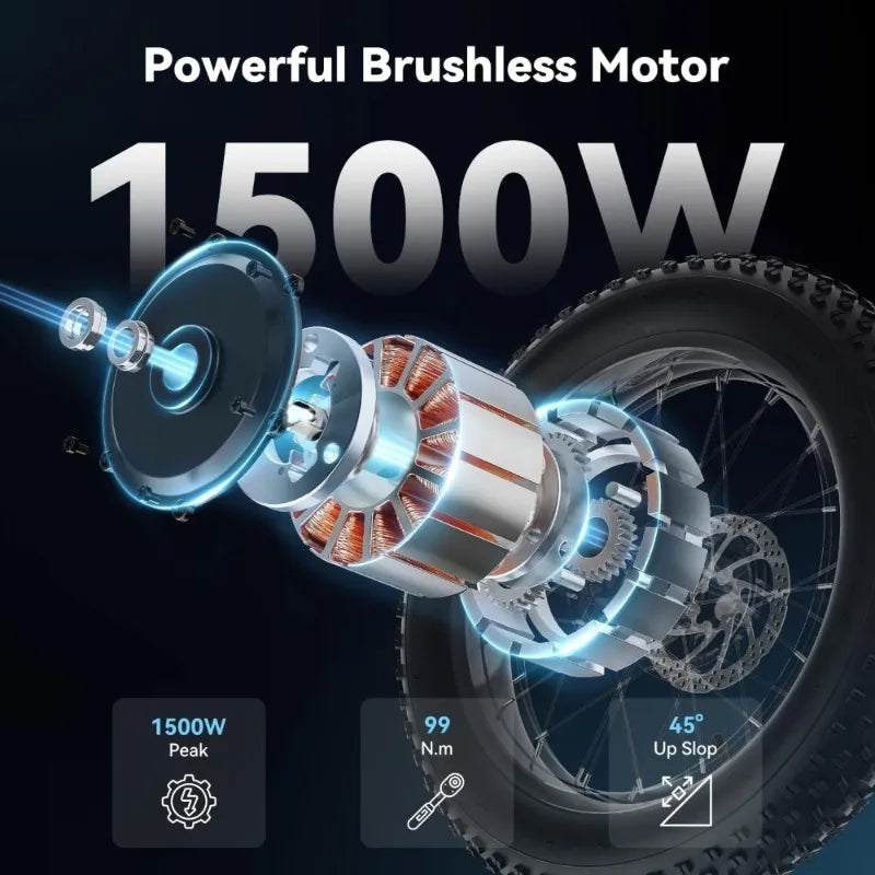 Electric Dirt Bike for Adults 1500W 2000W Peak 30 38MPH 48V 52V 13AH 20AH Battery 65 90 Miles Range 20x4 Fat Tire