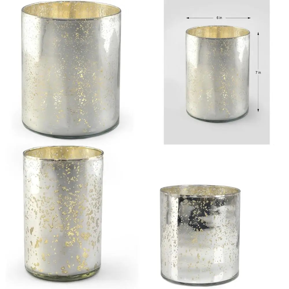 Antique Silver Cylinder Vase with Vintage Mercury Glass Finish for Weddings, Parties, and Events, 7 Inches Tall