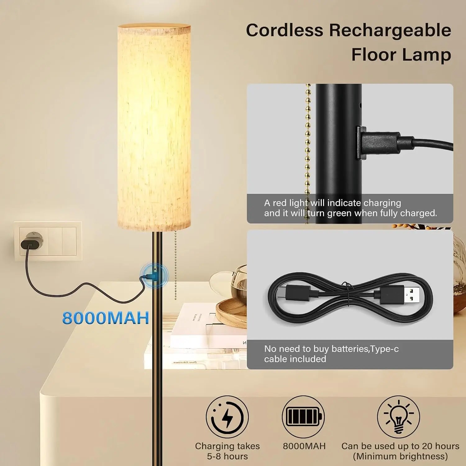 Cordless Floor Lamp, 3 Color Temp, Rechargeable LED Standing Lamp for Living Room, Bedroom, Office – Modern Farmhouse Design