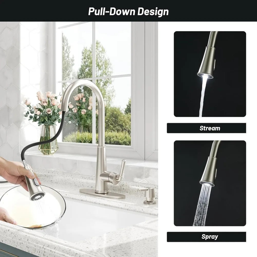 Touchless Motion Sensor Kitchen Faucet with Pull-Down Spray and LED Light, Including Soap Dispenser for Enhanced Sink Functional