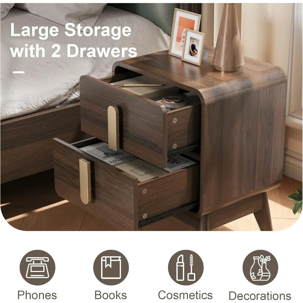 Pair of Mid-Century Modern Nightstands with Drawers, Metal Handles, and Curved Brown Profiles for Storage