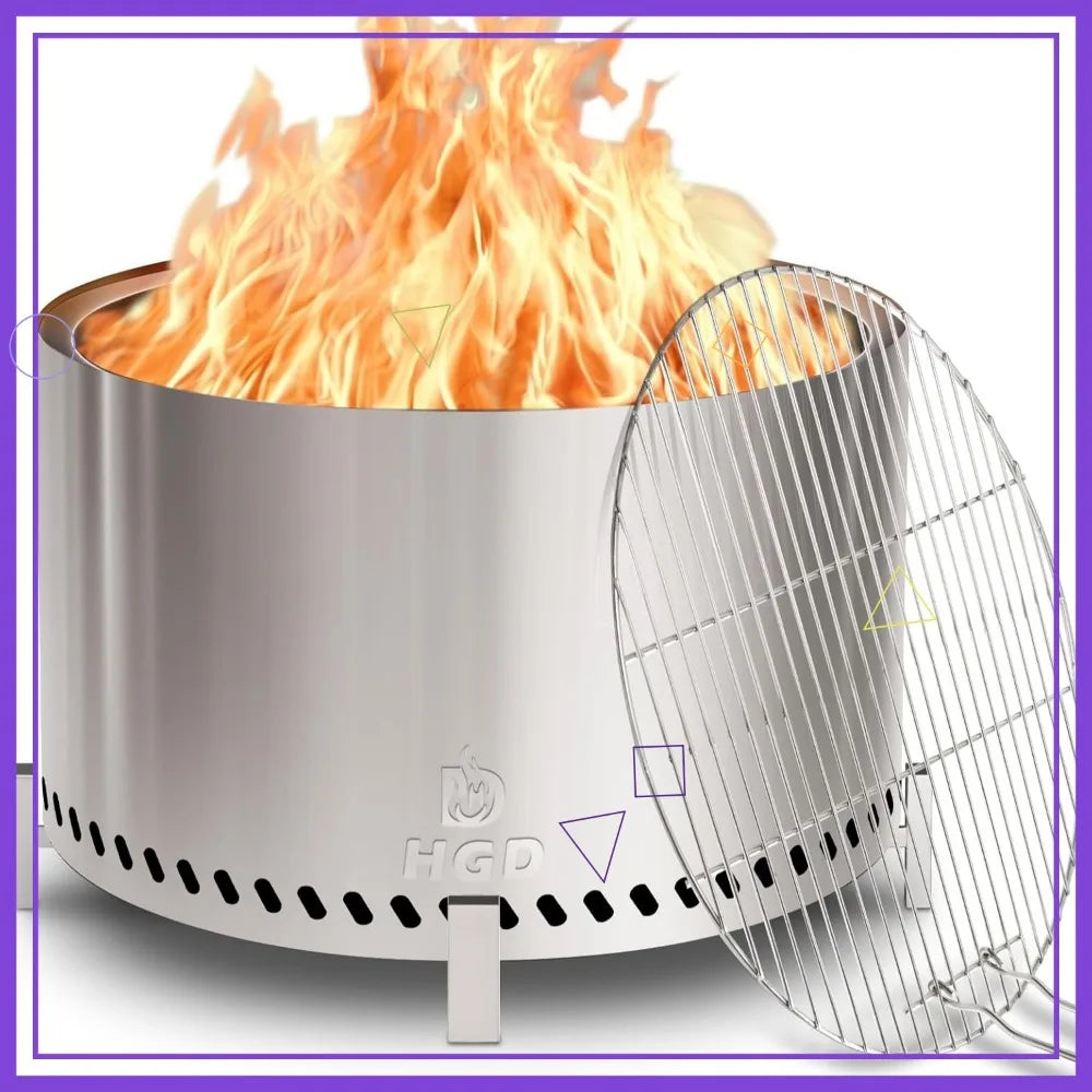 27.5" Smokeless Fire Pit with Grill & Stand, Stainless Steel Wood Burning Outdoor Stove for BBQ and Gatherings