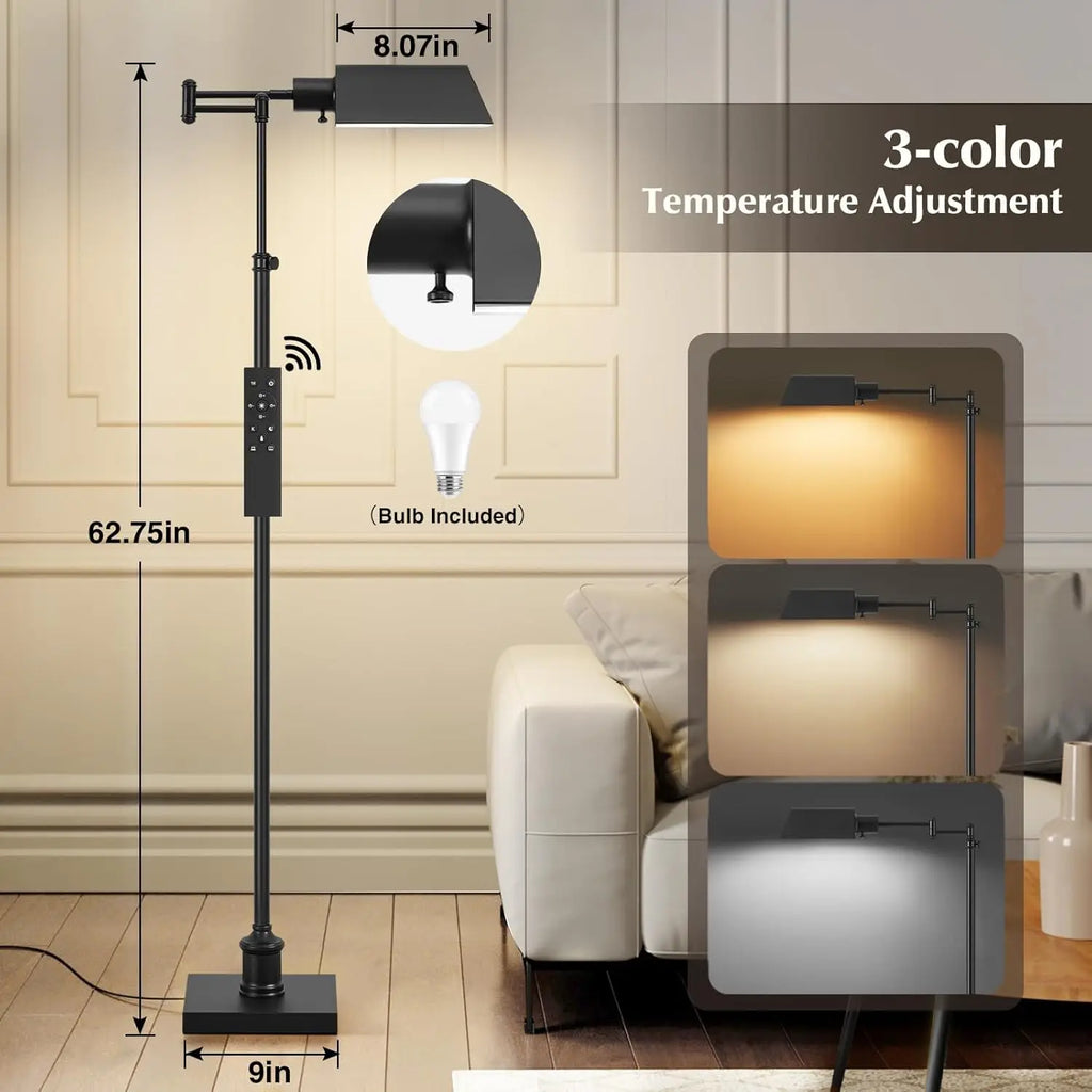 Traditional Adjustable Pharmacy Floor Lamp, 350° Swing Arm, 3-Tone LED Standing Lamp with Metal Shade, Black – for Living Room,