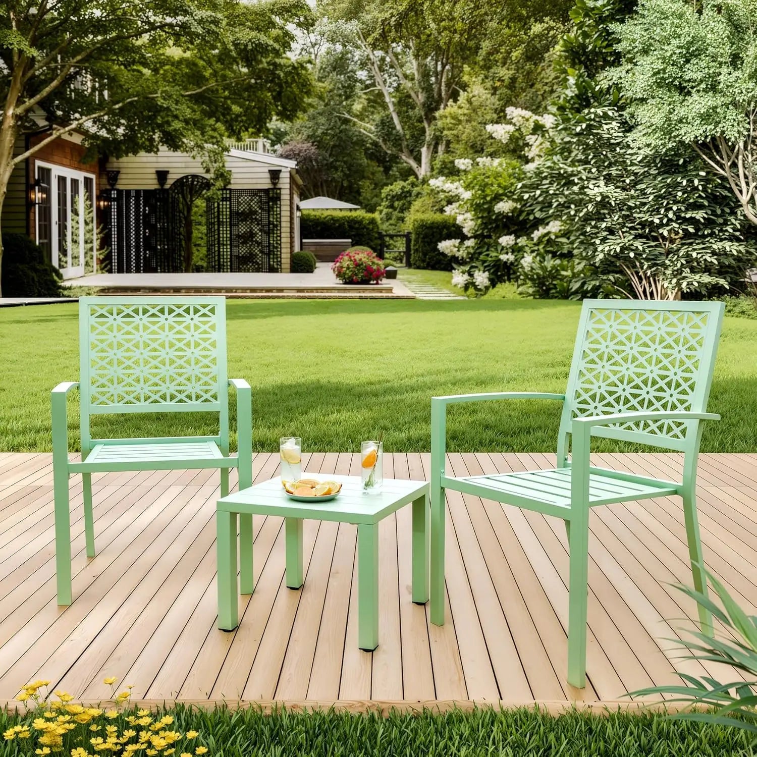 3 Piece Outdoor Stackable Patio Furniture with a Coffee Table and 2 Chairs, Metal  Set, for Indoor Outdoor Backyard, Deck