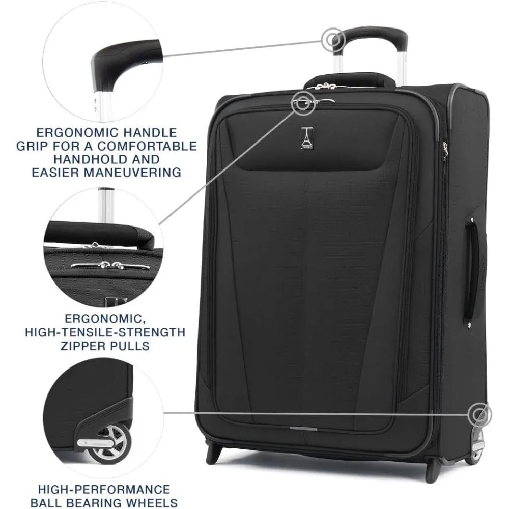 Lightweight Expandable Softside Upright 2-Wheel Luggage, Unisex Suitcase, Black, Medium Size, Ideal for Travel