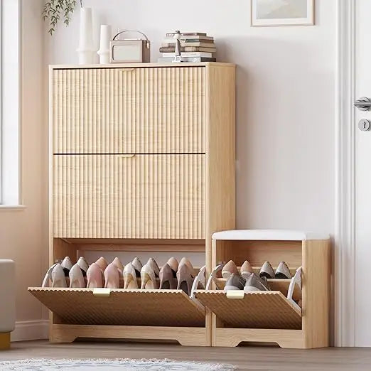 slim shoe cabinet with bench for entryway, hidden storage and adjustable shelves, free standing wooden shoes organizer for foyer