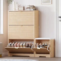 slim shoe cabinet with bench for entryway, hidden storage and adjustable shelves, free standing wooden shoes organizer for foyer