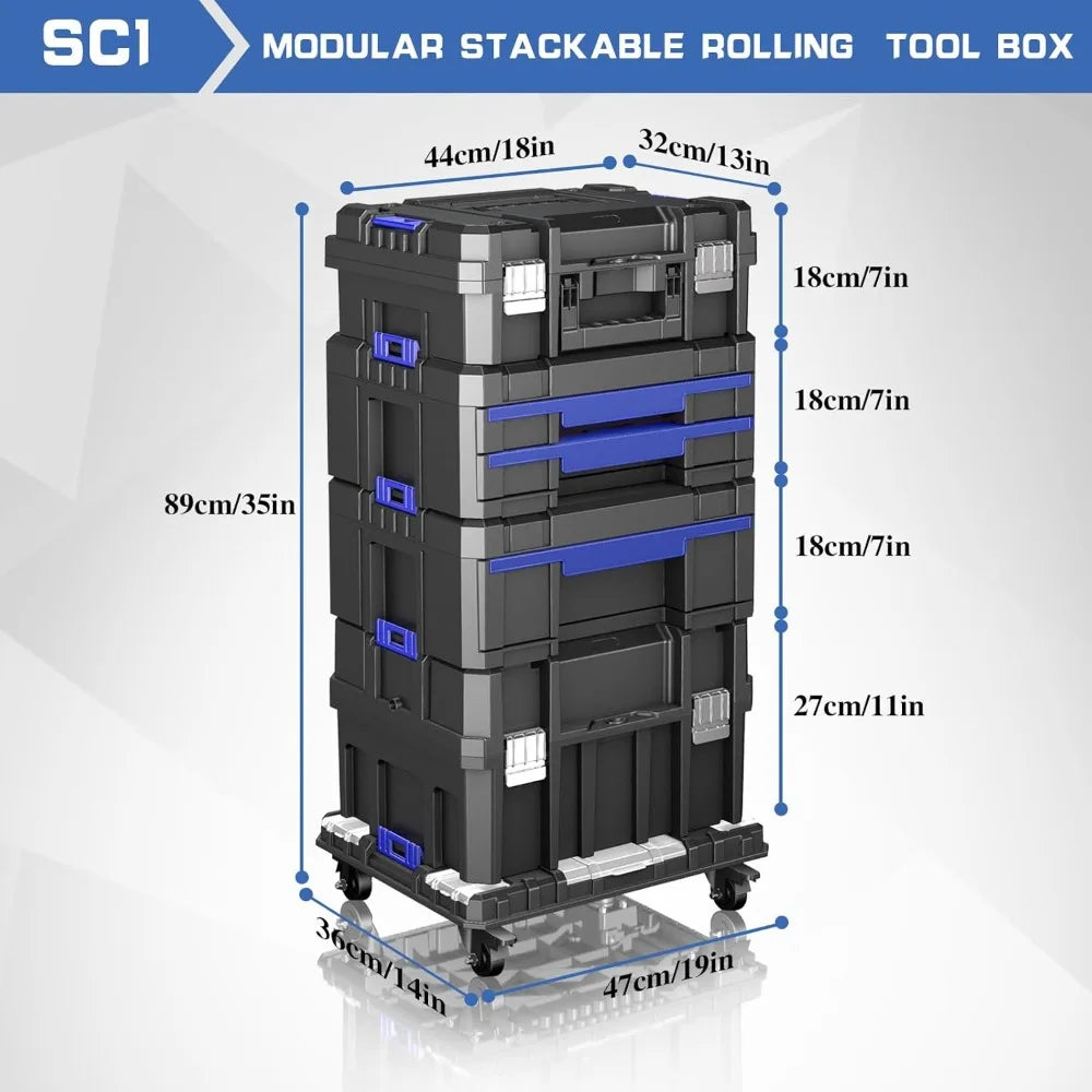 Portable Rolling Modular Tool Storage System with Drawers - 4 Tier Stackable Organizer Box for Tools
