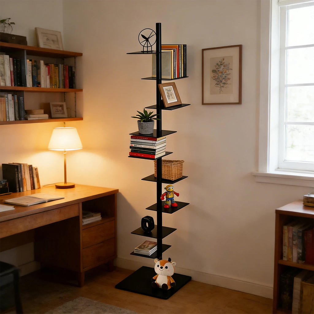 Metal Spine Bookshelf 9-Tier Metal Vertical Bookshelf DIY Spine Book Tower, 67" H Vertical Spine Book Tower