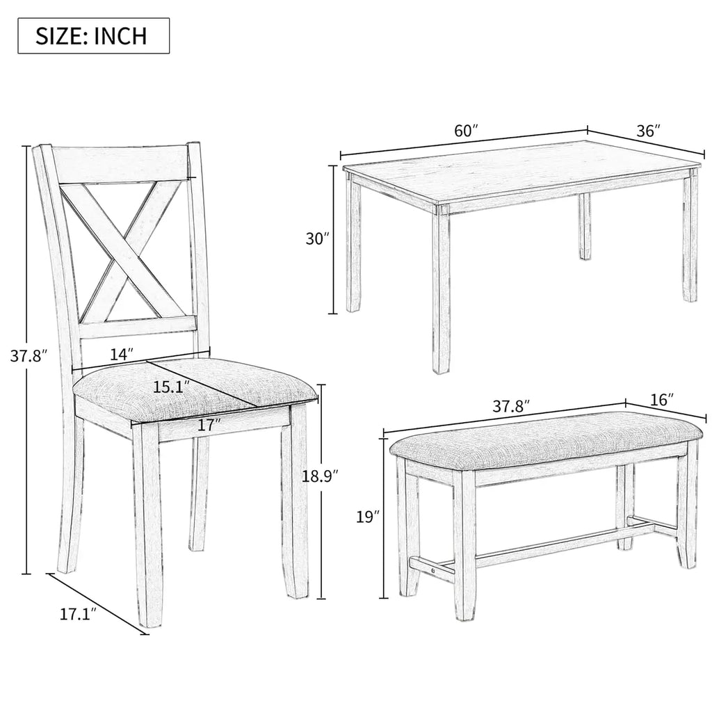 6 Piece Kitchen Dining Table Set, Wood Rectangular Table and 4 Dining Chairs with Cushions and 1 Bench with Cushion, Kitchen