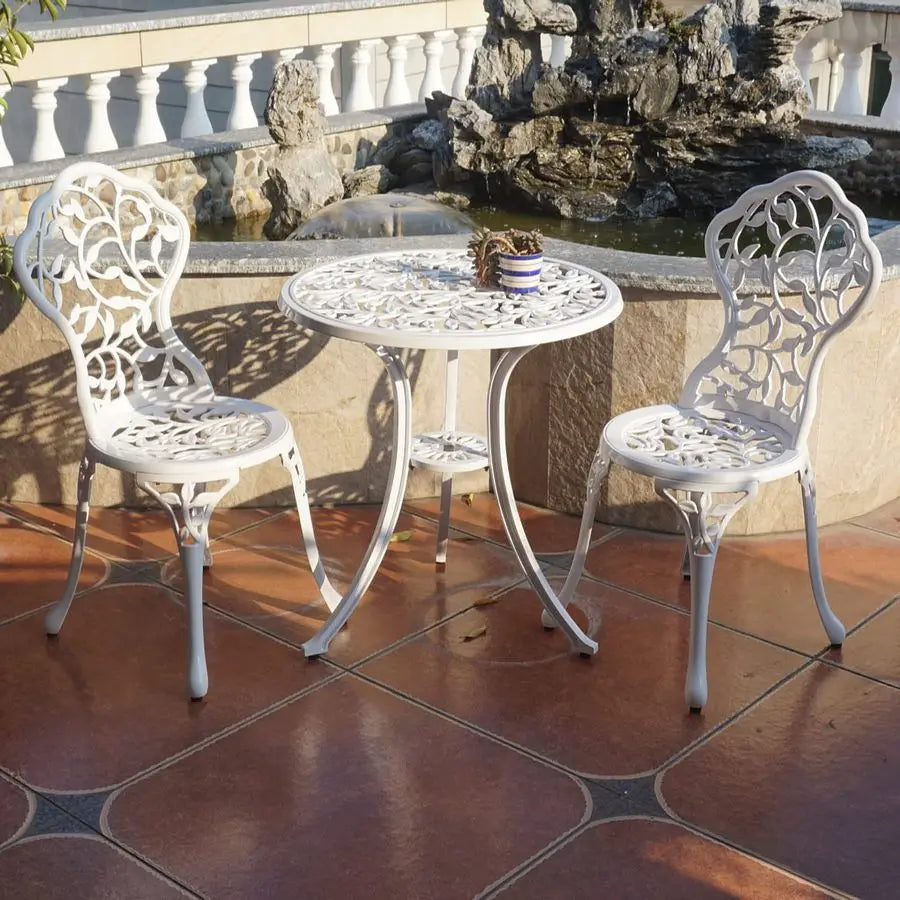Patio Bistro Sets 3 Piece cast Aluminum Patio Furniture Outdoor Garden Metal Rust Proof Tables and Chairs White bisrto Set Leaf
