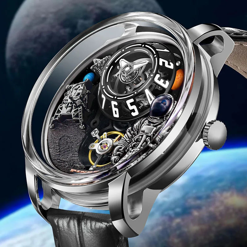 PINDU Watch Men Mechanical Watches W2101B Space Dial Astronaut Space Station Luminous Waterproof Men Watch Leather Strap P6630