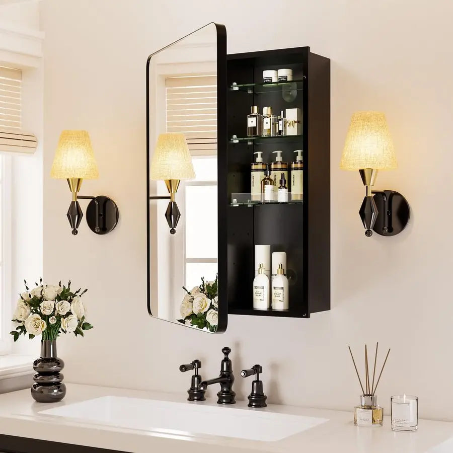 Medicine Cabinets for Bathroom with Mirror 20 x 30 inch Large Surface Wall Mount Mirrored Vanity Chest with Storage Matte Black