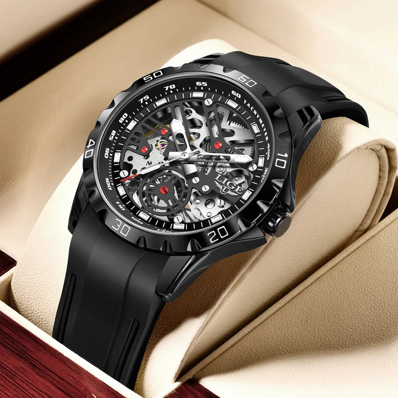 LIGE New Watches Mens Skeleton Mechanical Automatic Watch Top Brand Luxury Luminous 30M Waterproof Watch For Men Relojs Hombre