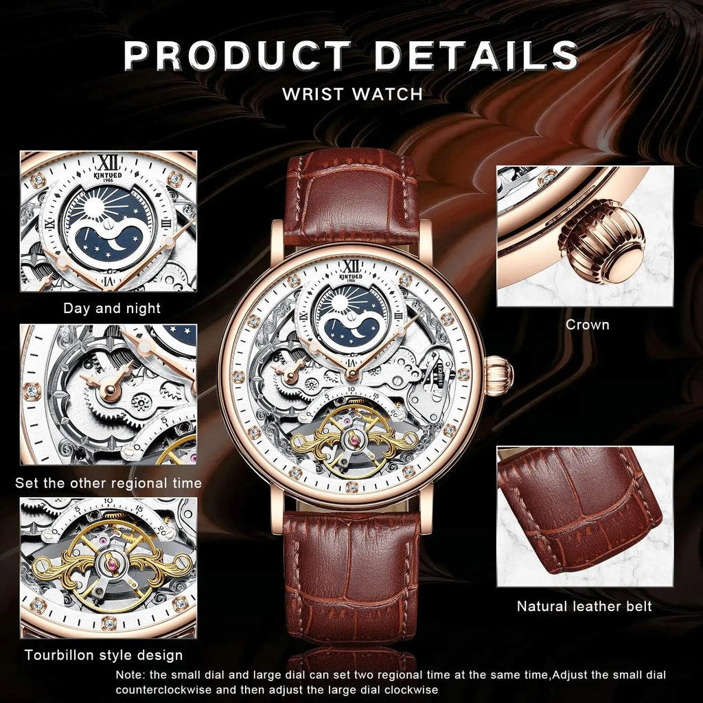 Men's Luxury Skeleton Automatic Mechanical Watch with Leather Strap, Moon Phase, Luminous Hands