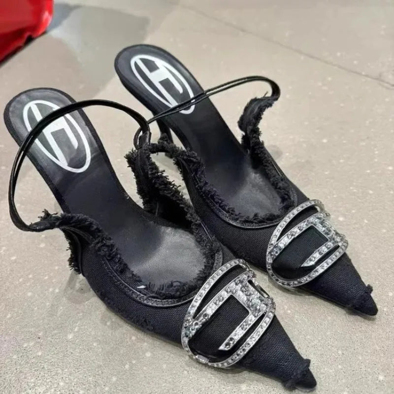 2025 European and American Luxury Slim Heel Fashionable Retro Pointed High-heeled Sandals with Toe Caps and High Heels